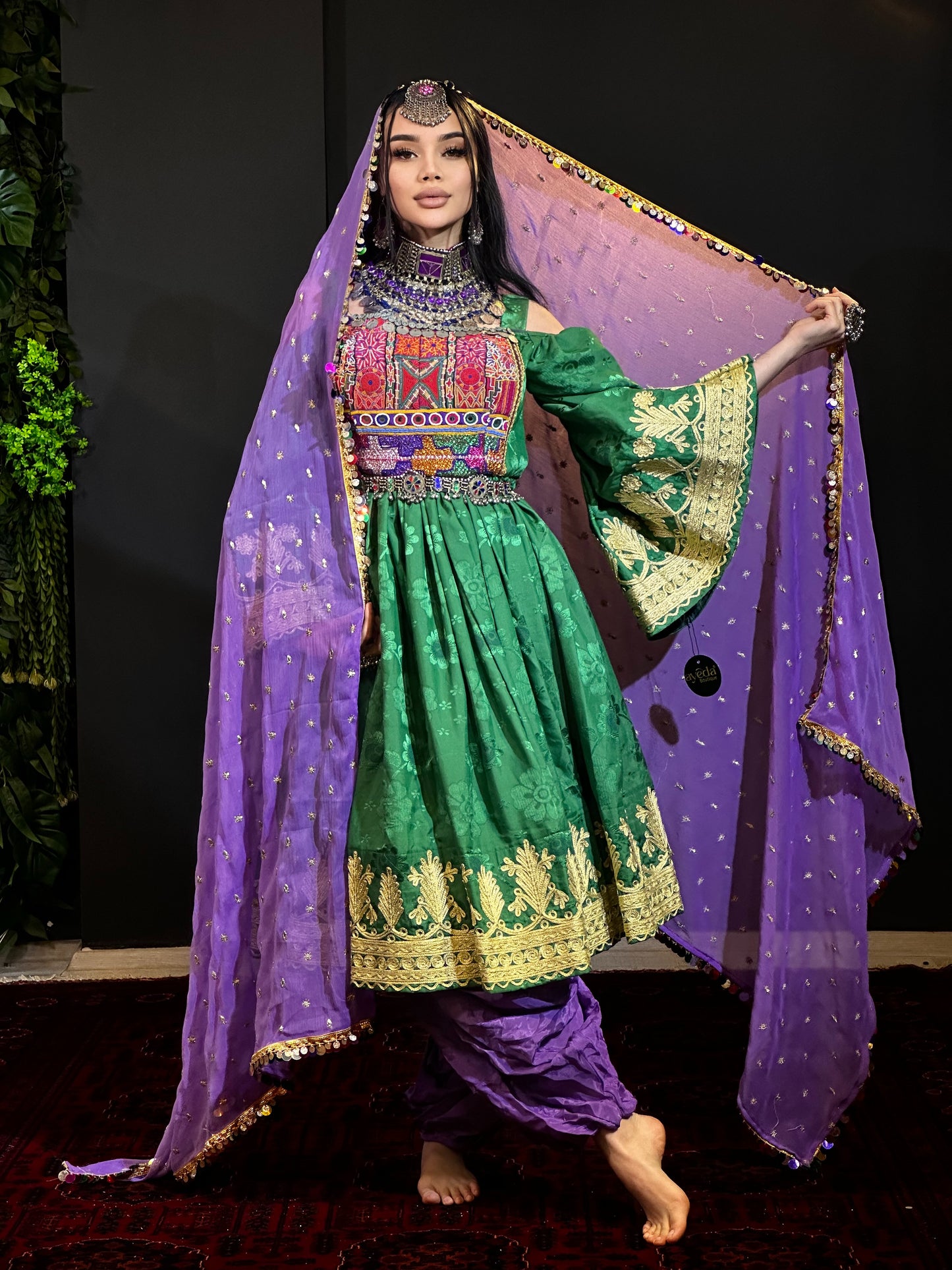 Green dress short afghani with purple scarf and pant
