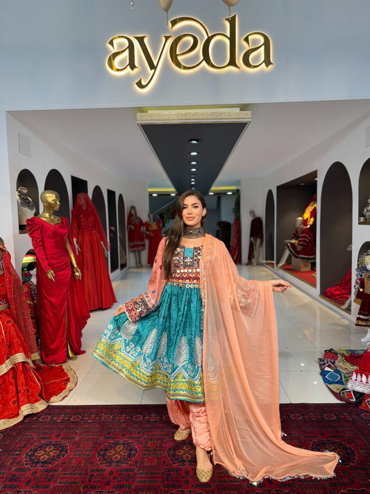 Teal Elegance – Afghan Traditional Frock