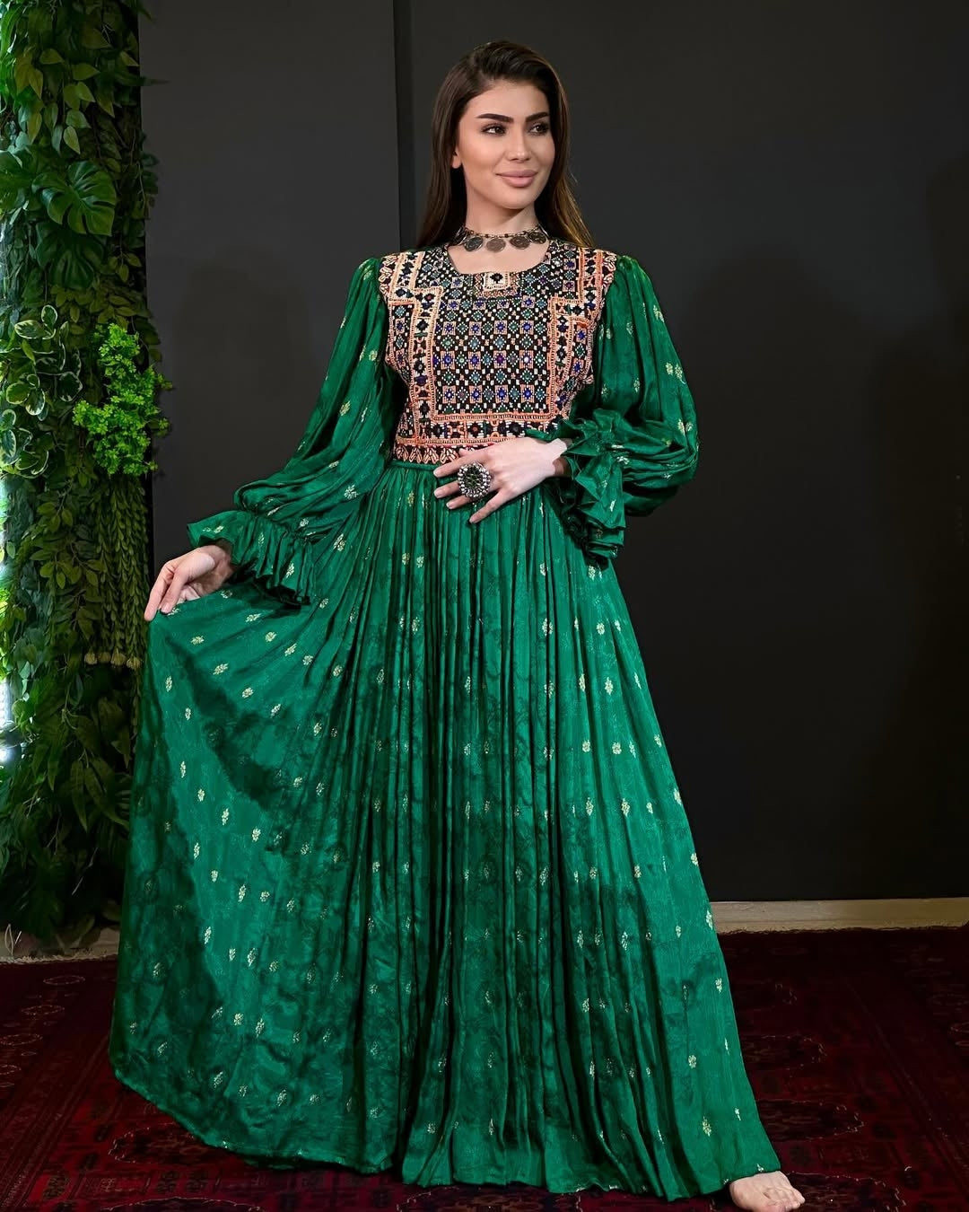 Emerald Elegance Afghan Dress