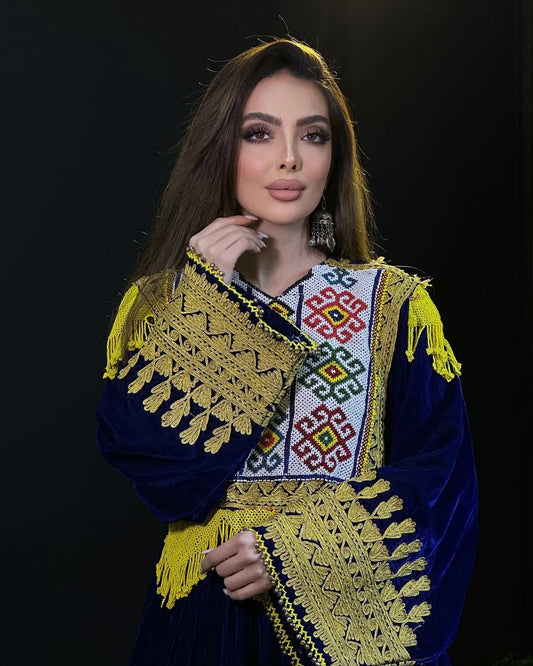 Royal Blue Afghan Dress with Intricate Embroidery and Gold Detailing